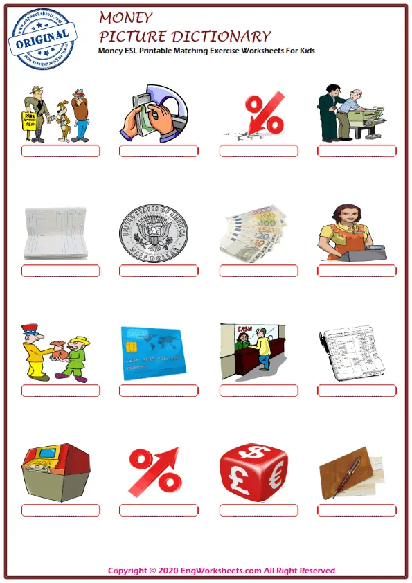 Money ESL Printable Matching Exercise Worksheets For Kids Worksheet Preview