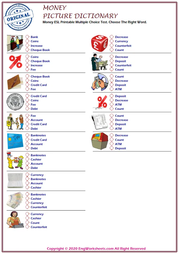 Money ESL Printable Multiple Choice Test. Choose The Right Word. Worksheet Preview