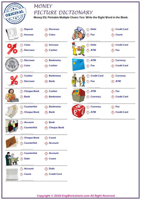 Money ESL Printable Multiple Choice Test. Write the Right Word in the Blank. Worksheet Preview
