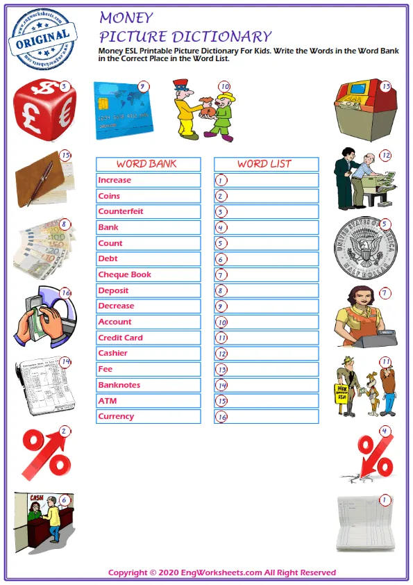 Money ESL Printable Picture Dictionary For Kids. Write the Words in the Word Bank in the Correct Place in the Word List.