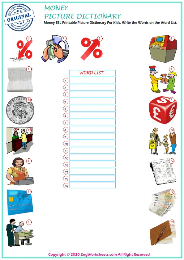 Money ESL Printable Picture Dictionary For Kids. Write the Words on the Word List. Worksheet Preview