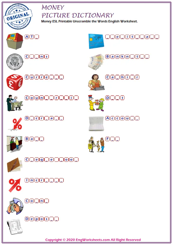 Money ESL Printable Unscramble the Words English Worksheet. Worksheet Preview