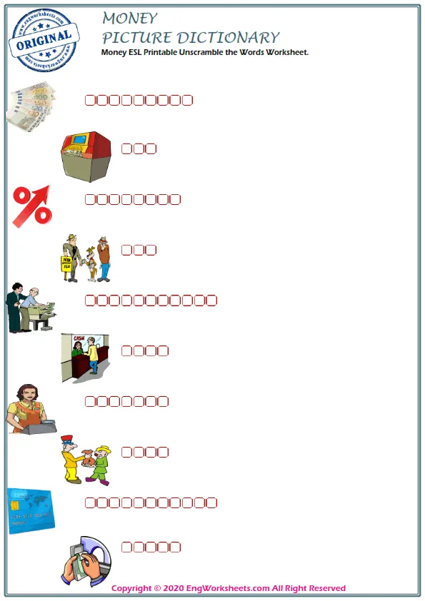 Money ESL Printable Unscramble the Words Worksheet. Worksheet Preview