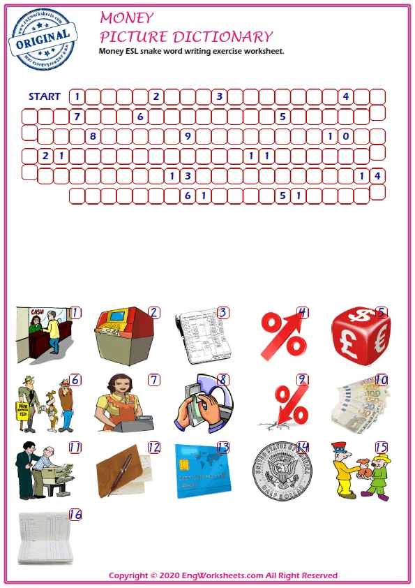 Money ESL snake word writing exercise worksheet. Worksheet Preview