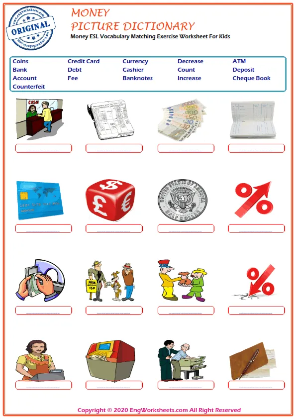 Money ESL Vocabulary Matching Exercise Worksheet For Kids Worksheet Preview