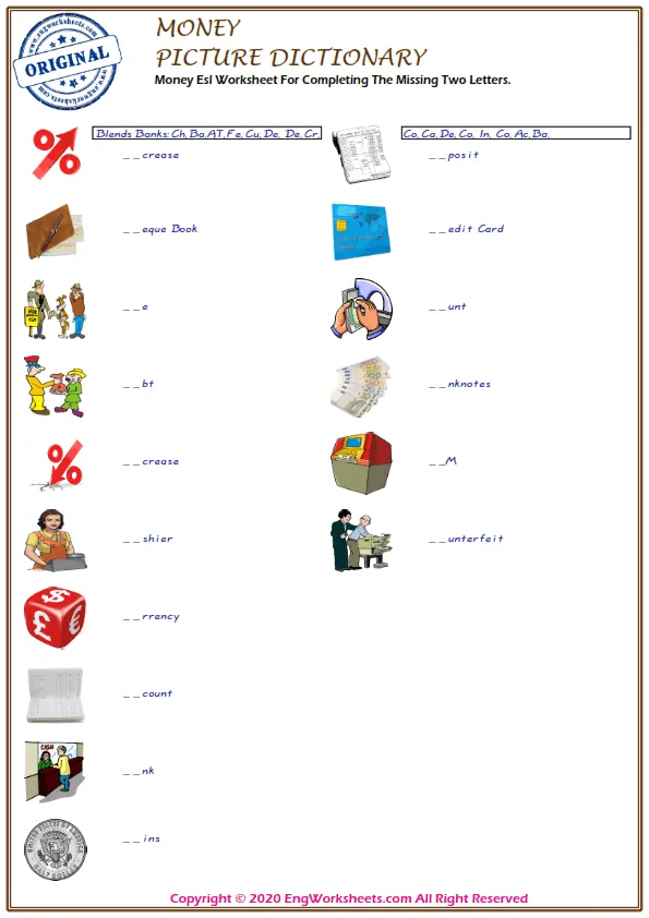 Money Esl Worksheet For Completing The Missing Two Letters. Worksheet Preview