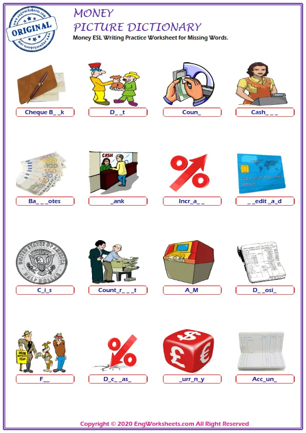 Money ESL Writing Practice Worksheet for Missing Words. Worksheet Preview