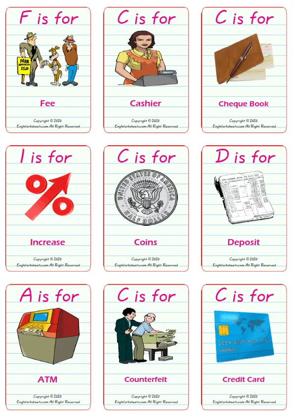 Money vocabulary worksheet with words, nine images per page