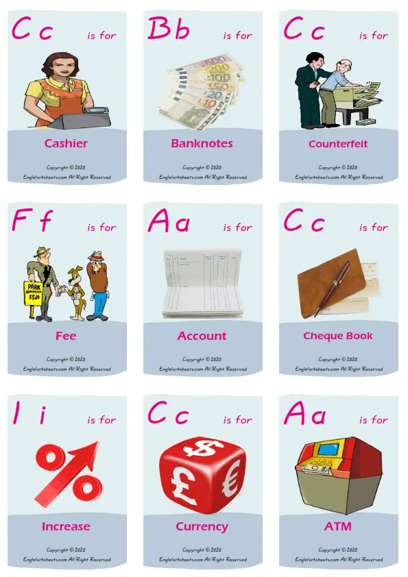 Money vocabulary worksheet with words, nine images per page