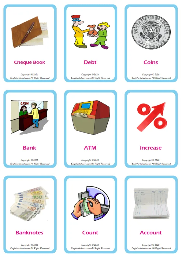 Money vocabulary worksheet with words, nine images per page