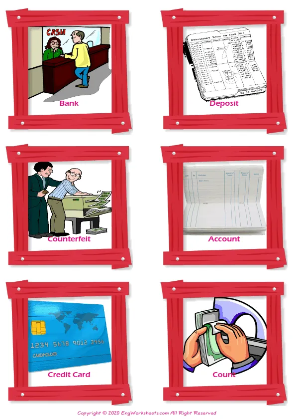 Money vocabulary worksheet with words, six images per page Worksheet Preview