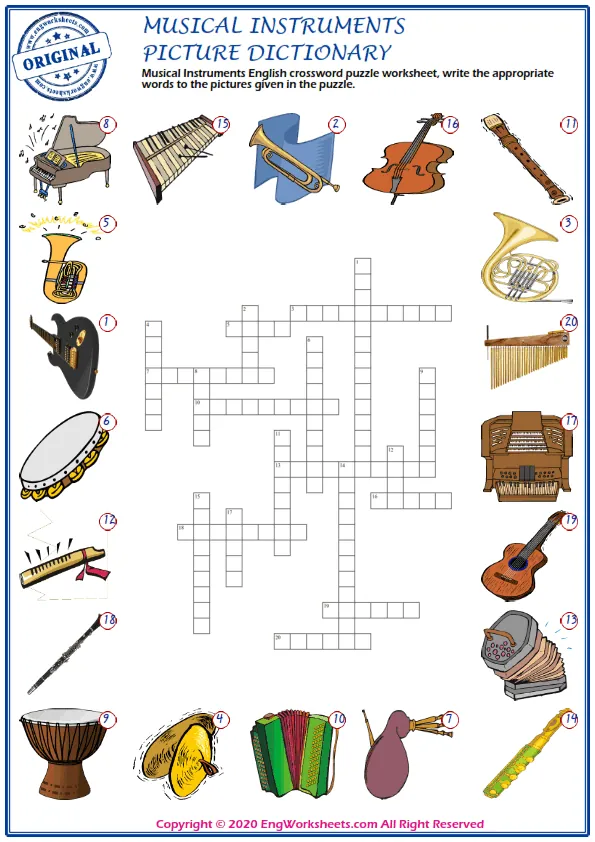 Musical Instruments English crossword puzzle worksheet, write the appropriate words to the pictures given in the puzzle. Worksheet Preview