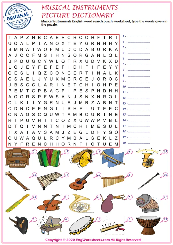 Musical Instruments English word search puzzle worksheet, type the words given in the puzzle. Worksheet Preview