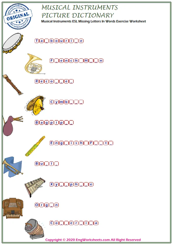 Musical Instruments ESL Missing Letters In Words Exercise Worksheet Worksheet Preview