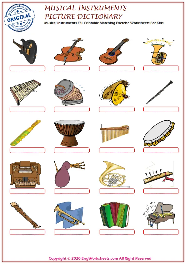 Musical Instruments ESL Printable Matching Exercise Worksheets For Kids Worksheet Preview