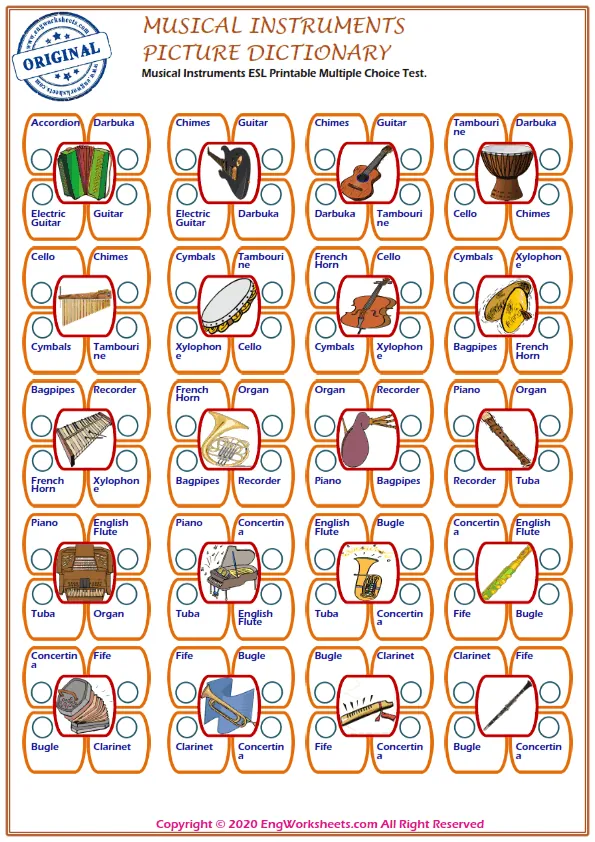 Musical Instruments ESL Printable Multiple Choice Test. Worksheet Preview