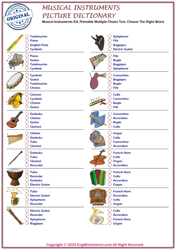 Musical Instruments ESL Printable Multiple Choice Test. Choose The Right Word. Worksheet Preview