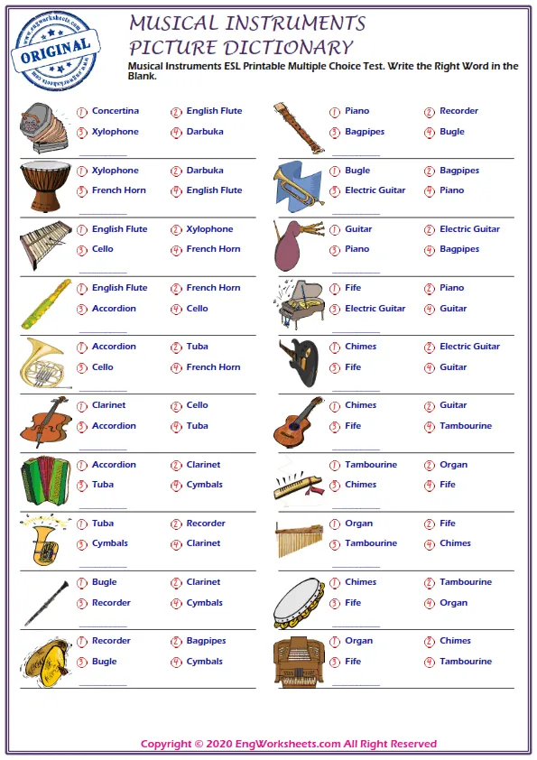Musical Instruments ESL Printable Multiple Choice Test. Write the Right Word in the Blank. Worksheet Preview