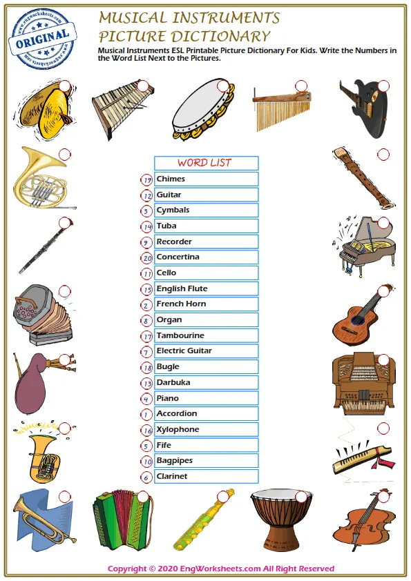 Musical Instruments ESL Printable Picture Dictionary For Kids. Write the Numbers in the Word List Next to the Pictures. Worksheet Preview