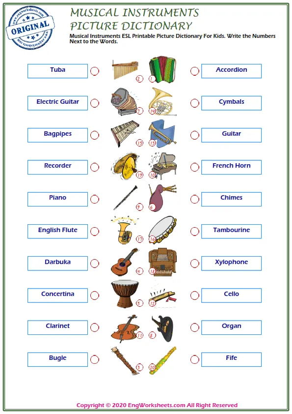 Musical Instruments ESL Printable Picture Dictionary For Kids. Write the Numbers Next to the Words. Worksheet Preview