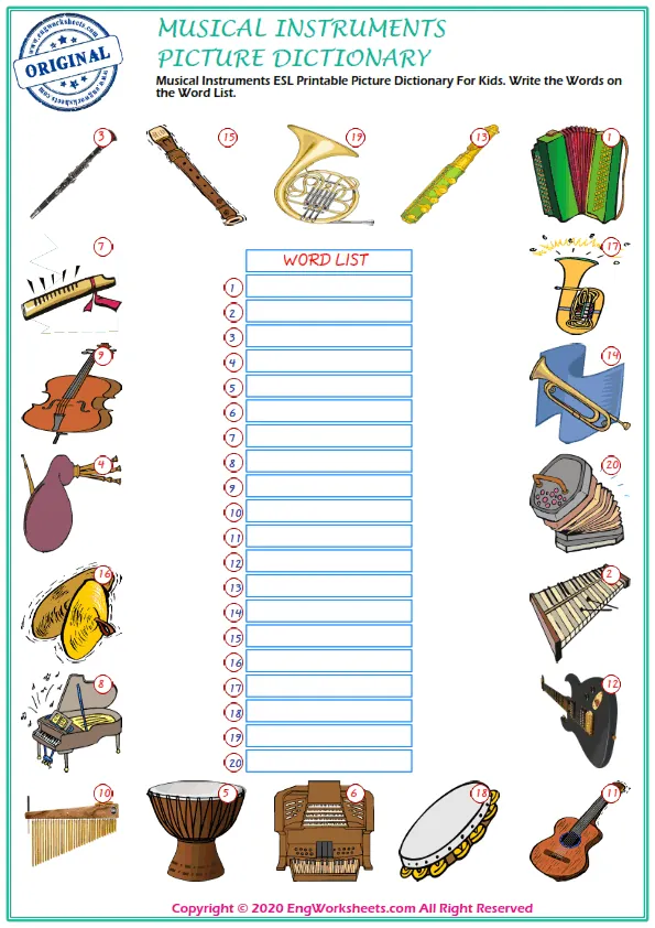 Musical Instruments ESL Printable Picture Dictionary For Kids. Write the Words on the Word List. Worksheet Preview