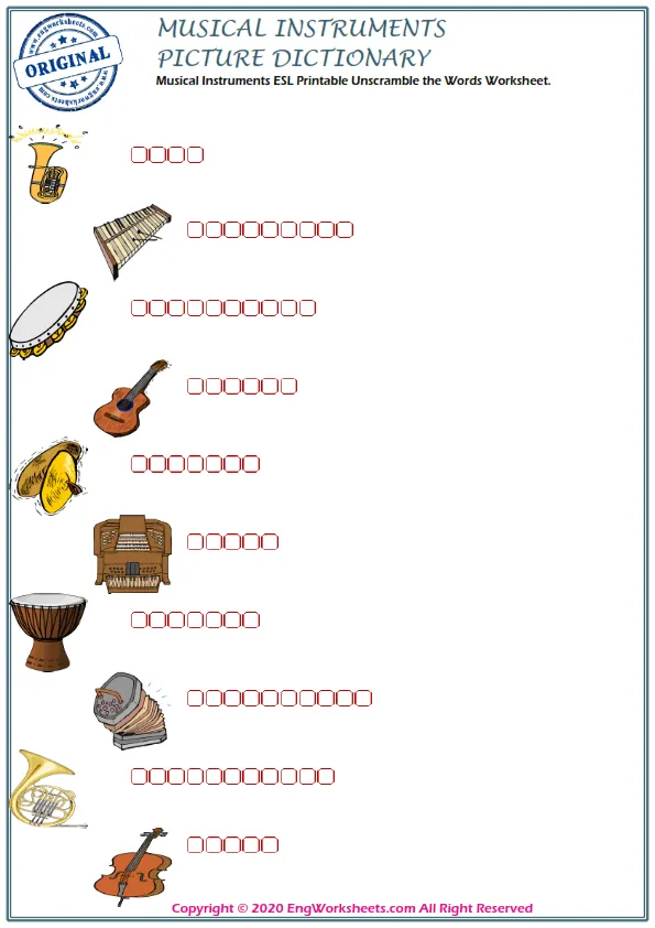 Musical Instruments ESL Printable Unscramble the Words Worksheet. Worksheet Preview