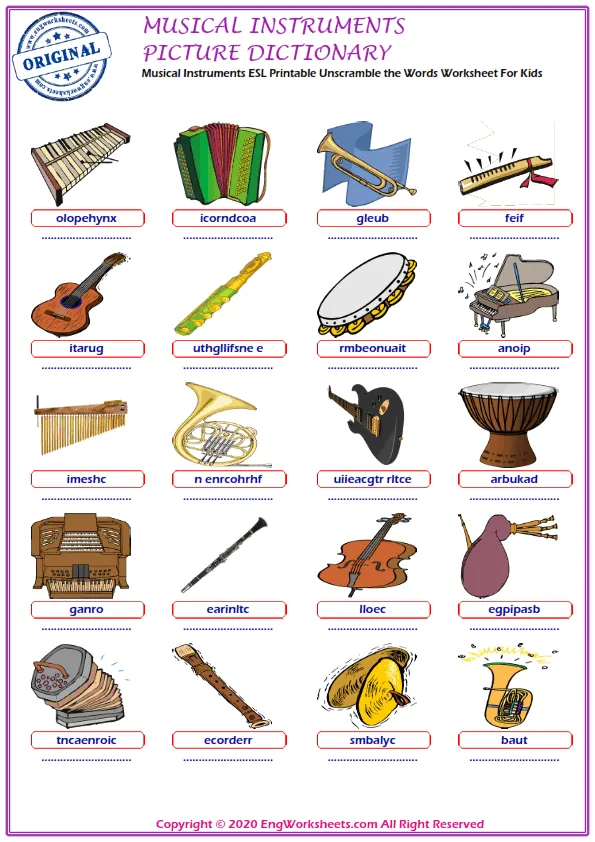 Musical Instruments ESL Printable Unscramble the Words Worksheet For Kids Worksheet Preview