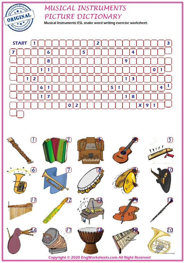 Musical Instruments ESL snake word writing exercise worksheet. Worksheet Preview