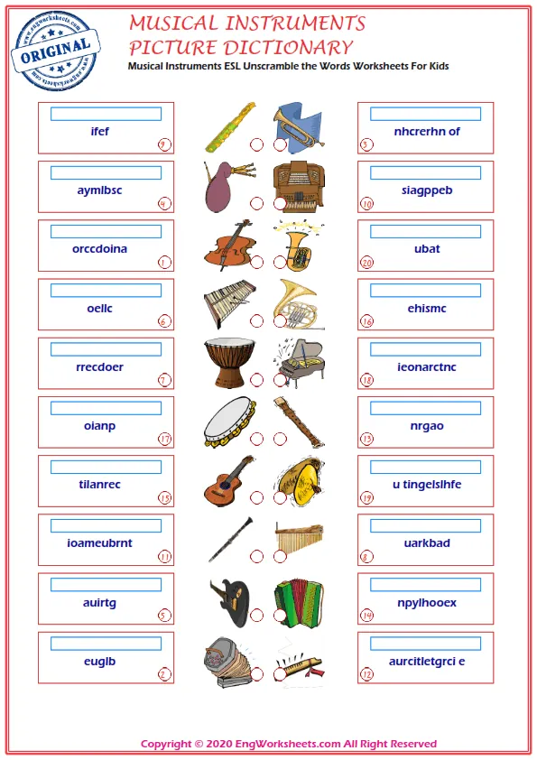 Musical Instruments ESL Unscramble the Words Worksheets For Kids Worksheet Preview