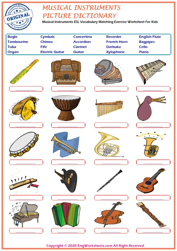 Musical Instruments ESL Vocabulary Matching Exercise Worksheet For Kids Worksheet Preview
