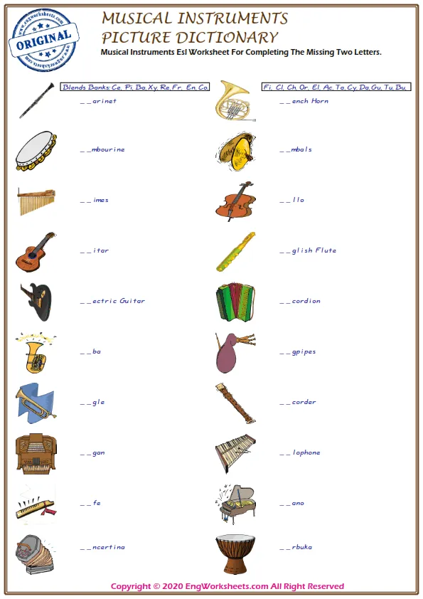 Musical Instruments Esl Worksheet For Completing The Missing Two Letters. Worksheet Preview