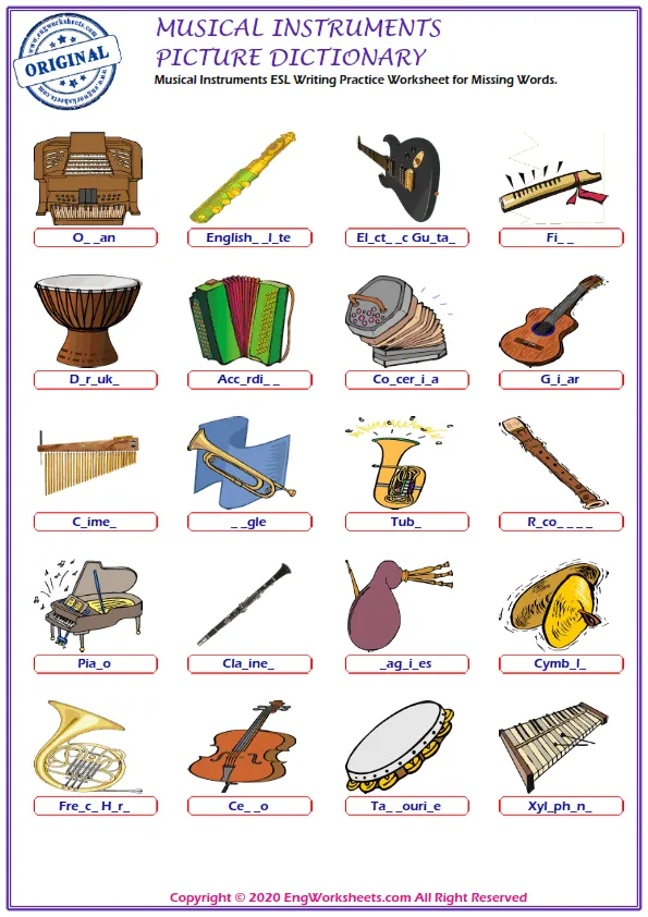 Musical Instruments ESL Writing Practice Worksheet for Missing Words. Worksheet Preview