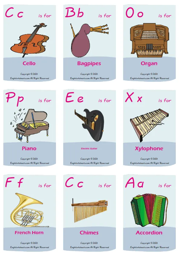 Musical Instruments vocabulary worksheet with words, nine images per page Worksheet Preview