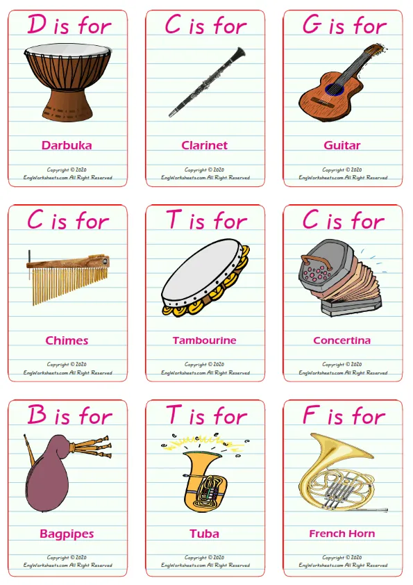 Musical Instruments vocabulary worksheet with words, nine images per page Worksheet Preview