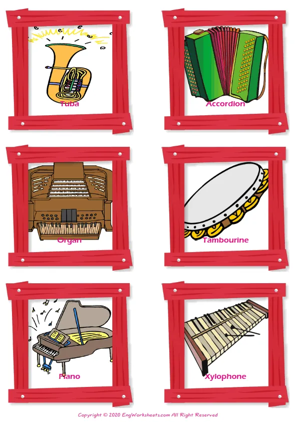 Musical Instruments vocabulary worksheet with words, six images per page Worksheet Preview