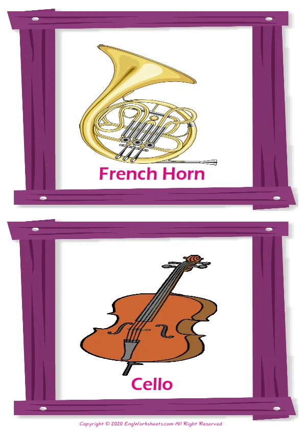 Musical Instruments vocabulary worksheet with words, two images per page Worksheet Preview