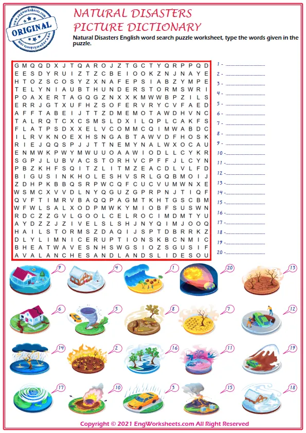 Natural Disasters English word search puzzle worksheet, type the words given in the puzzle. Worksheet Preview