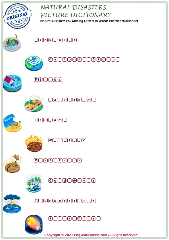 Natural Disasters ESL Missing Letters In Words Exercise Worksheet Worksheet Preview
