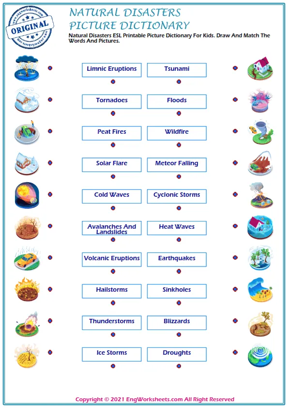Natural Disasters ESL Printable Picture Dictionary For Kids. Draw And Match The Words And Pictures. Worksheet Preview