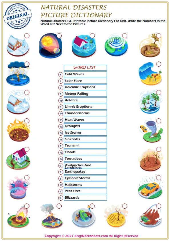 Natural Disasters ESL Printable Picture Dictionary For Kids. Write the Numbers in the Word List Next to the Pictures. Worksheet Preview