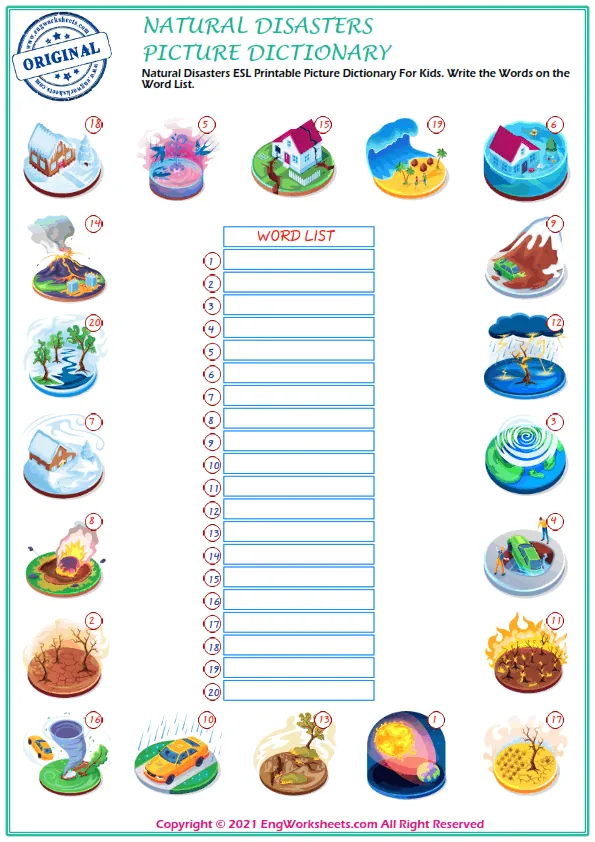 Natural Disasters ESL Printable Picture Dictionary For Kids. Write the Words on the Word List. Worksheet Preview