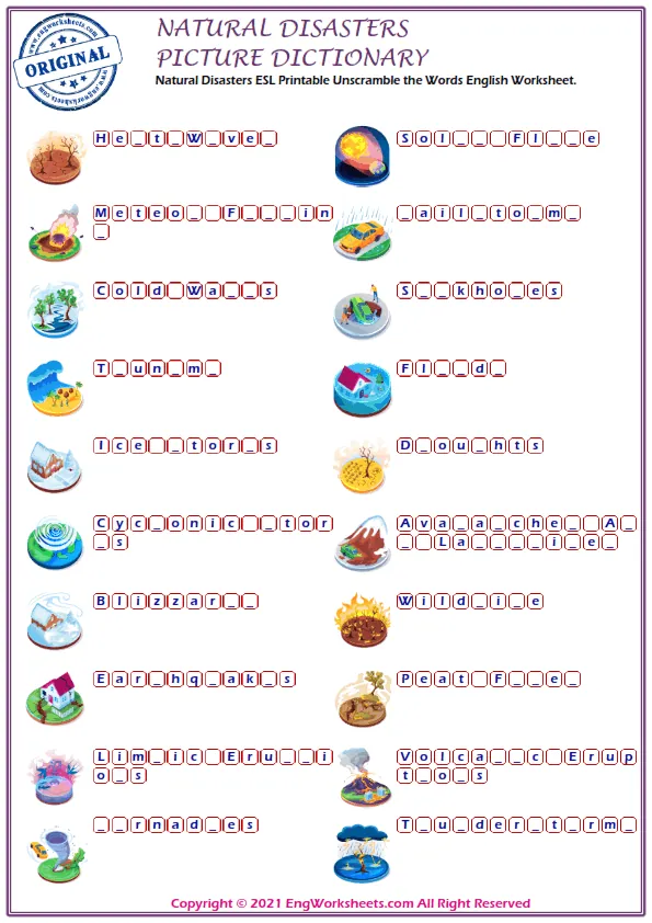 Natural Disasters ESL Printable Unscramble the Words English Worksheet. Worksheet Preview