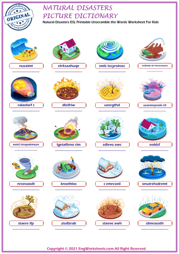 Natural Disasters ESL Printable Unscramble the Words Worksheet For Kids Worksheet Preview