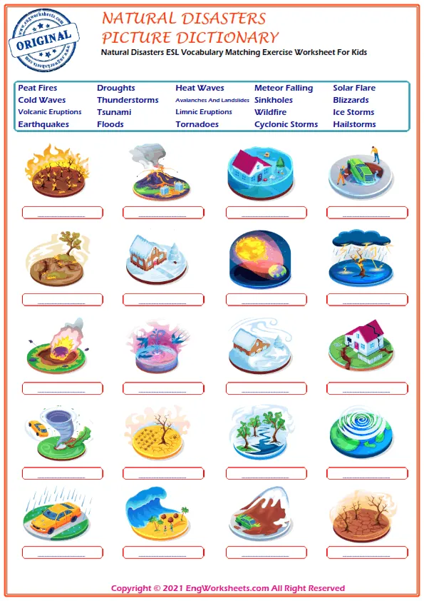 Natural Disasters ESL Vocabulary Matching Exercise Worksheet For Kids Worksheet Preview