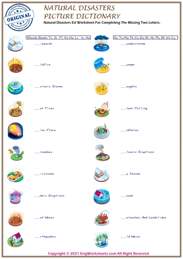 Natural Disasters Esl Worksheet For Completing The Missing Two Letters. Worksheet Preview