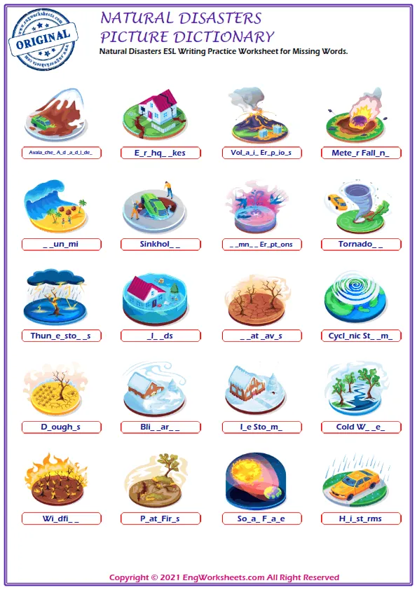Natural Disasters ESL Writing Practice Worksheet for Missing Words. Worksheet Preview