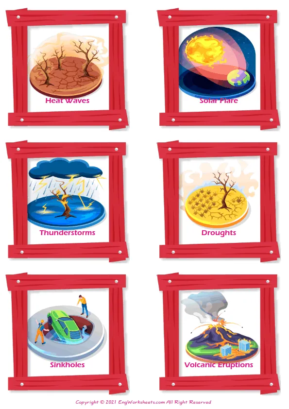 Wordless Natural Disasters vocabulary worksheet with six images per page