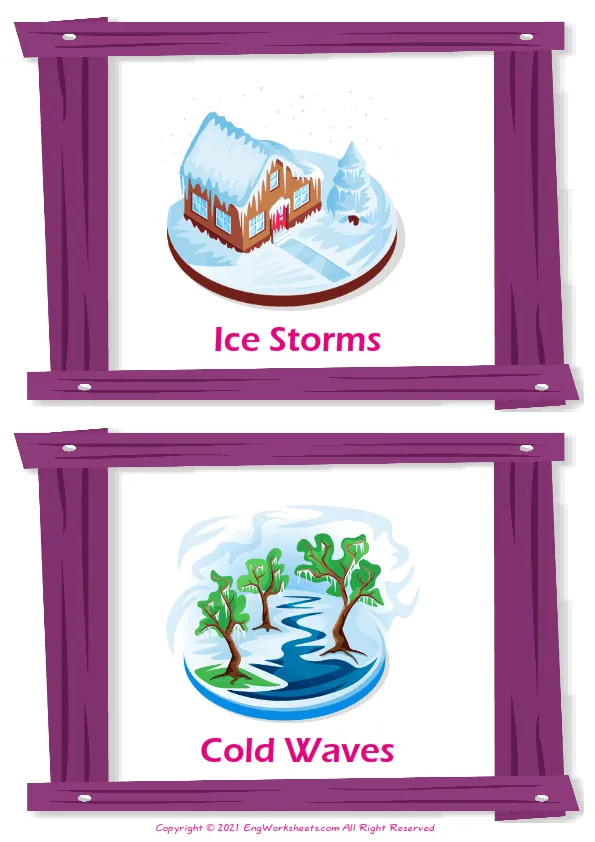 Wordless Natural Disasters vocabulary worksheet with two images per page Worksheet Preview