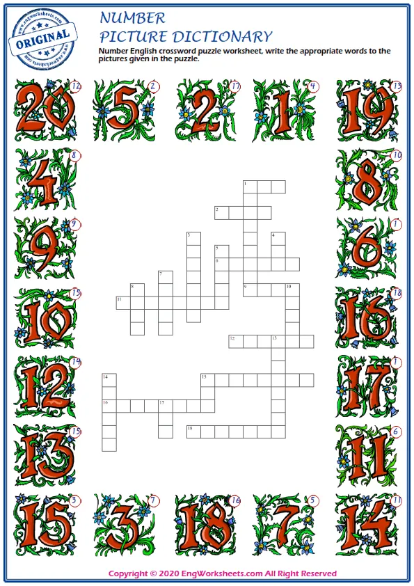 Number English crossword puzzle worksheet, write the appropriate words to the pictures given in the puzzle. Worksheet Preview