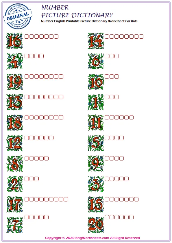 Number English Printable Picture Dictionary Worksheet For Kids Worksheet Preview